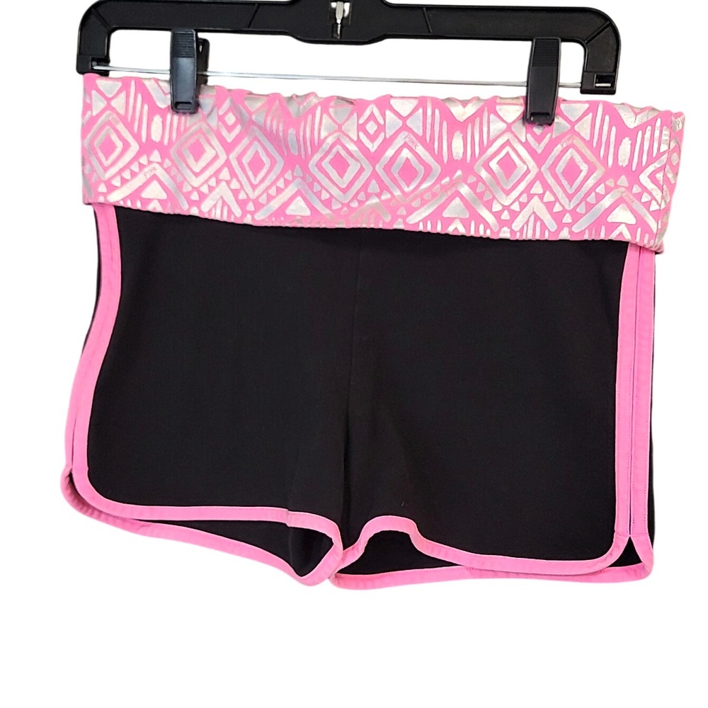 PINK Yoga Shorts Victoria's Secret Black Pink Silver Geometric Foldover M - Picture 1 of 4